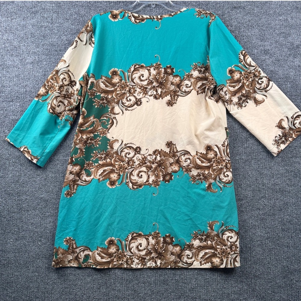 B&Y Women Teal Floral Paisley Scroll Tunic Top Stud Buttons Size 48 (US 16/18) - Picture 3 of 11